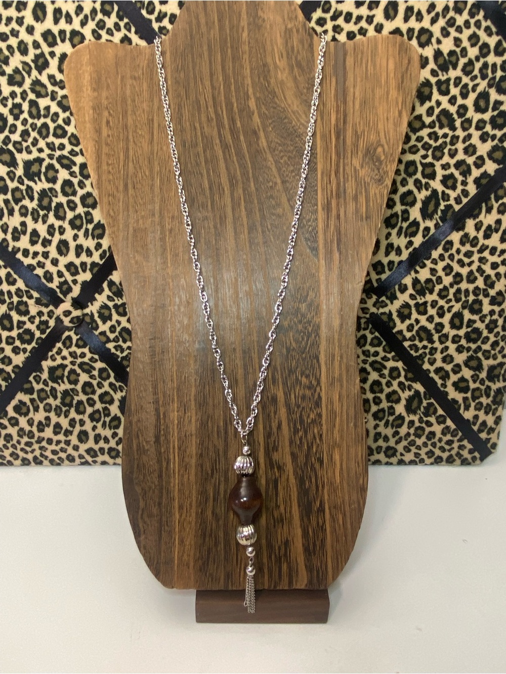 Brown Wood & Silver Tone Bead Tassel Pendant Statement Necklace